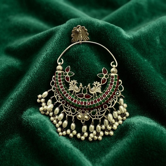 Peacock Big Statement Pearl German silver earrings- Bollywood Jumkas. - Picture 3 of 3